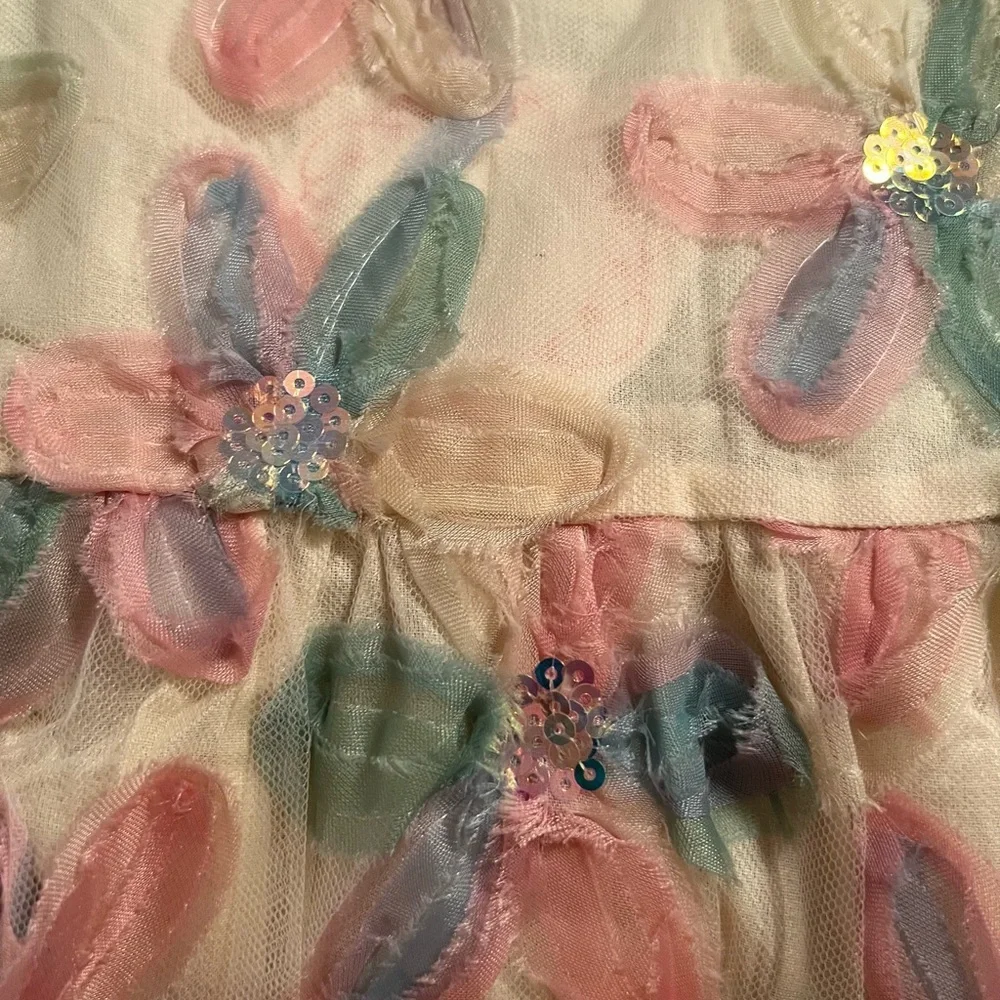 Romantic Pastel Floral Appliqué Puff Sleeve Mini Dress Sequins NWT M #2339-40